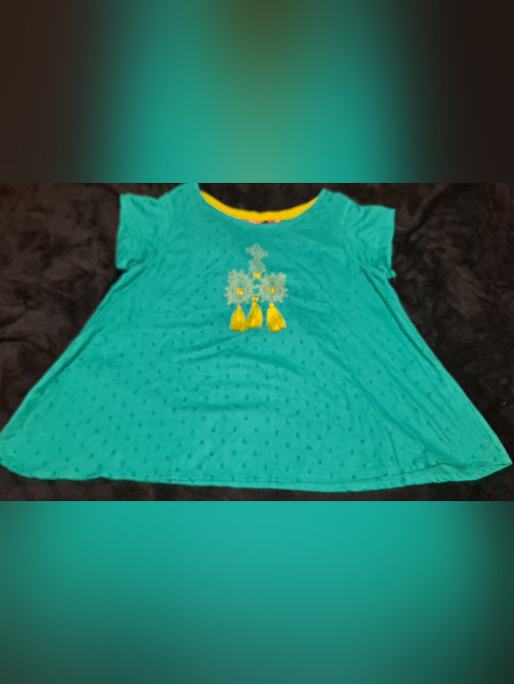 Fusiin Teal Short Sleeve Top with Yellow Tassel Detail Sz M